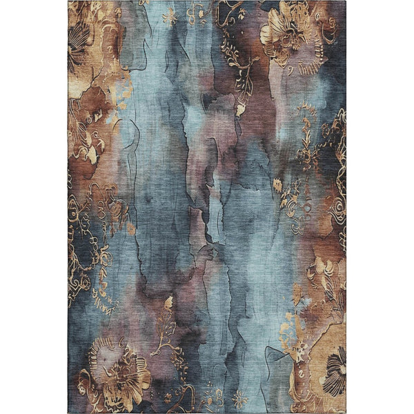 HomeRoots 8' X 10' Floral Area Rug in Blue, Gold & Copper - Washable, UV-Protected, and Stain-Resistant Design 706311