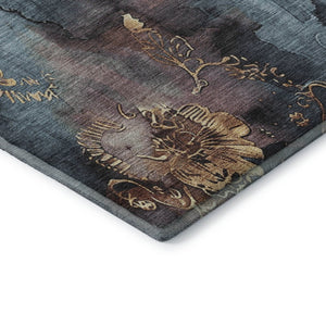 HomeRoots 8' X 10' Floral Area Rug in Blue, Gold & Copper - Washable, UV-Protected, and Stain-Resistant Design 706311