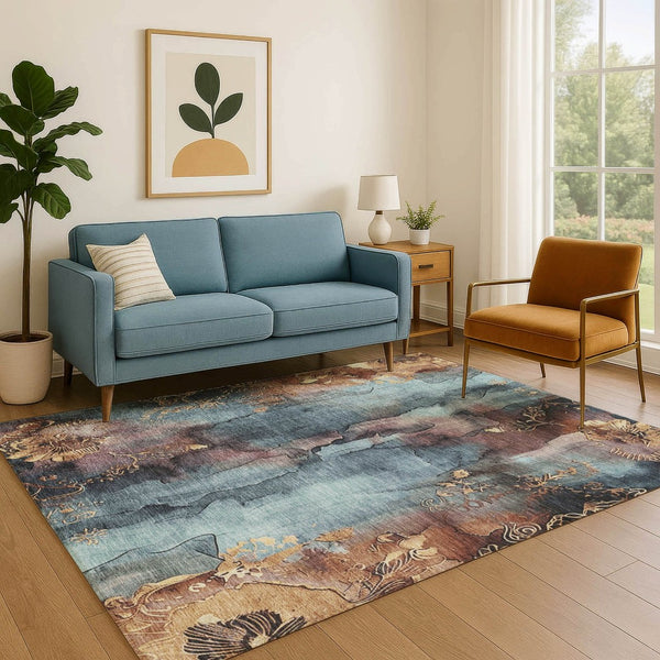 HomeRoots 8' X 10' Floral Area Rug in Blue, Gold & Copper - Washable, UV-Protected, and Stain-Resistant Design 706311