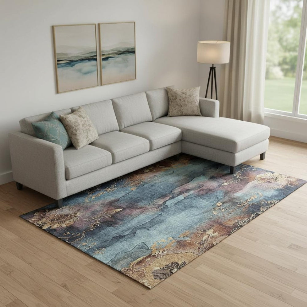 HomeRoots 9' X 12' Elegant Floral Washable Area Rug in Blue, Gold & Copper with UV Protection for Homes 706312
