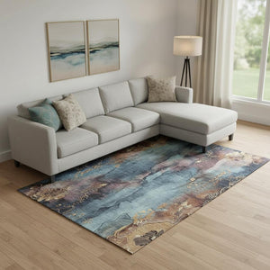 HomeRoots 9' X 12' Elegant Floral Washable Area Rug in Blue, Gold & Copper with UV Protection for Homes 706312