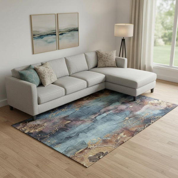 HomeRoots 9' X 12' Elegant Floral Washable Area Rug in Blue, Gold & Copper with UV Protection for Homes 706312