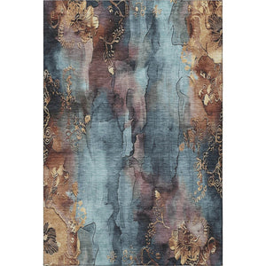 HomeRoots 9' X 12' Elegant Floral Washable Area Rug in Blue, Gold & Copper with UV Protection for Homes 706312
