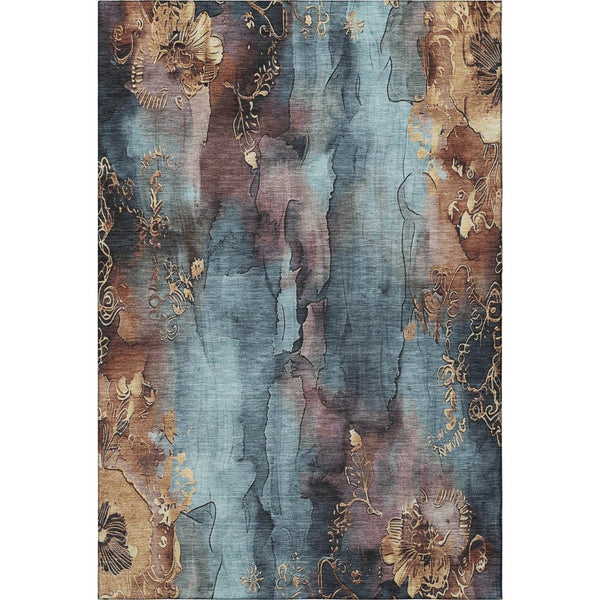 HomeRoots 9' X 12' Elegant Floral Washable Area Rug in Blue, Gold & Copper with UV Protection for Homes 706312