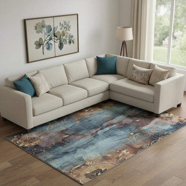 HomeRoots 10' Floral Washable Area Rug in Blue, Gold, and Copper with UV Protection for High-Traffic Spaces 706313