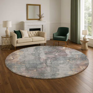 HomeRoots 8' Gray and Beige Floral Washable Round Rug with UV Protection - Durable, Stylish, and Family-Friendly! 706316