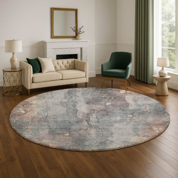 HomeRoots 8' Gray and Beige Floral Washable Round Rug with UV Protection - Durable, Stylish, and Family-Friendly! 706316