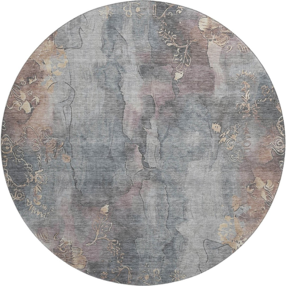 HomeRoots 8' Gray and Beige Floral Washable Round Rug with UV Protection - Durable, Stylish, and Family-Friendly! 706316