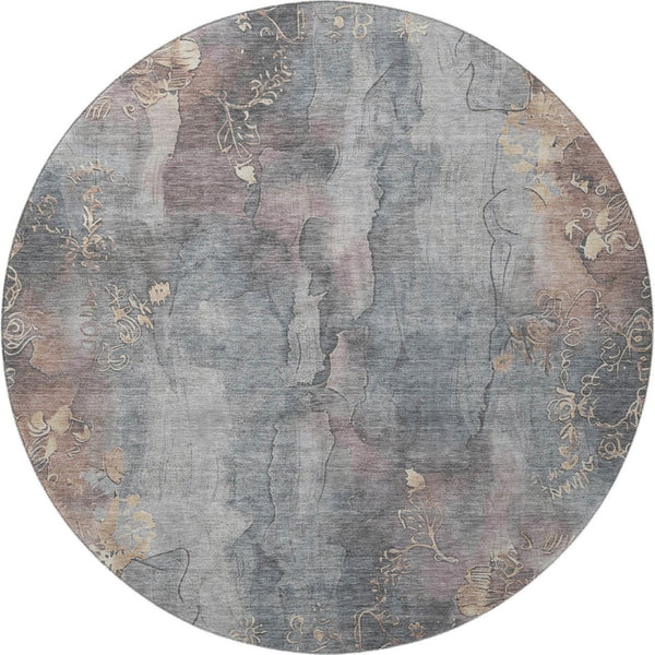 HomeRoots 8' Gray and Beige Floral Washable Round Rug with UV Protection - Durable, Stylish, and Family-Friendly! 706316
