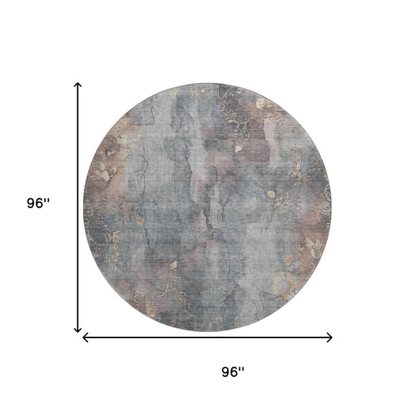 HomeRoots 8' Gray and Beige Floral Washable Round Rug with UV Protection - Durable, Stylish, and Family-Friendly! 706316
