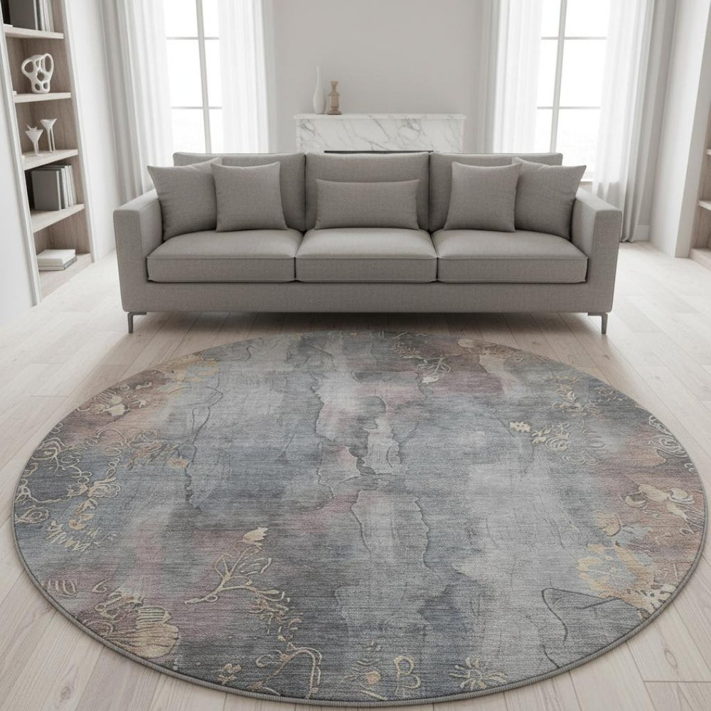 HomeRoots 8' Gray and Beige Floral Washable Round Rug with UV Protection - Durable, Stylish, and Family-Friendly! 706316
