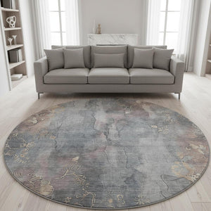 HomeRoots 8' Gray and Beige Floral Washable Round Rug with UV Protection - Durable, Stylish, and Family-Friendly! 706316