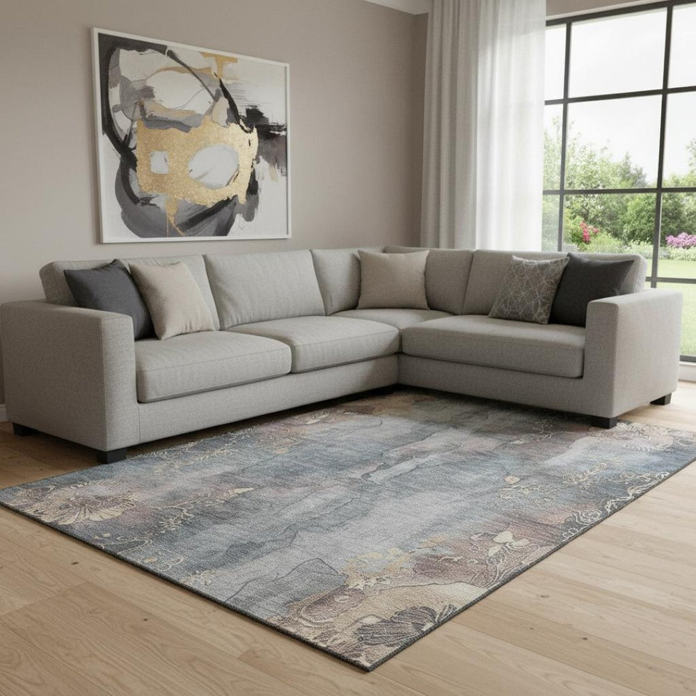 HomeRoots 8' X 10' Gray and Beige Floral Area Rug - Durable, Washable, UV Protected for Stylish Living Spaces 706317