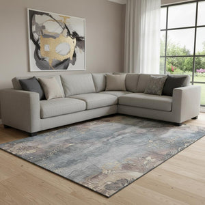 HomeRoots 8' X 10' Gray and Beige Floral Area Rug - Durable, Washable, UV Protected for Stylish Living Spaces 706317