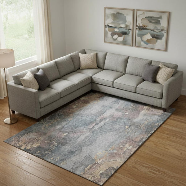 HomeRoots 9' X 12' Gray and Beige Floral Washable Area Rug – Stylish, Durable, UV-Protected for High-Traffic Areas 706318