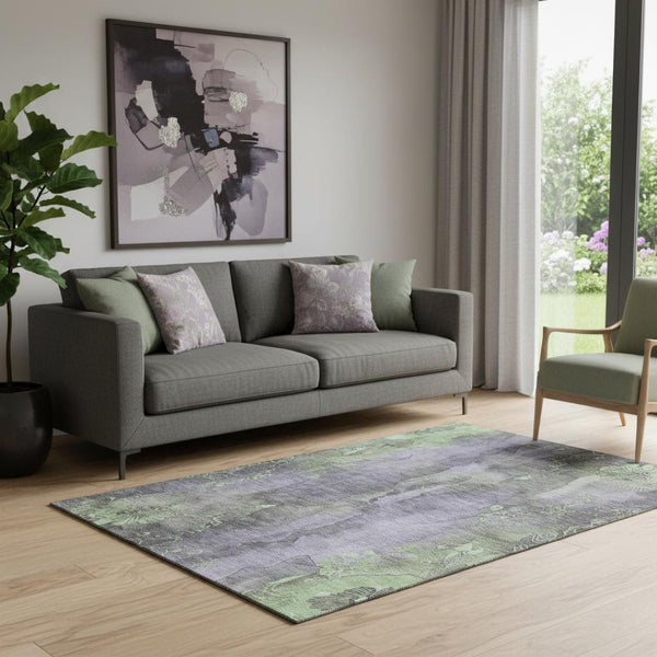 HomeRoots 5' X 8' Elegant Lavender & Green Floral Area Rug - Washable, UV Protected, Stain Resistant, Non-Slip 706321