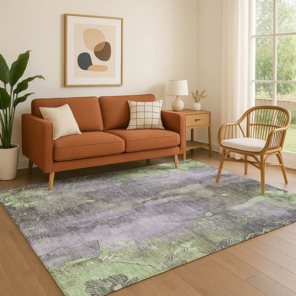 HomeRoots 5' X 8' Elegant Lavender & Green Floral Area Rug - Washable, UV Protected, Stain Resistant, Non-Slip 706321