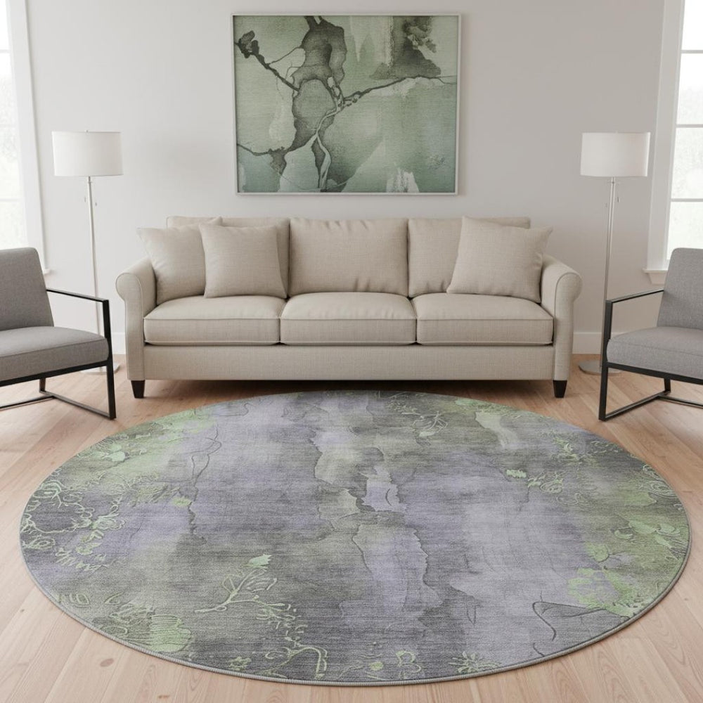 HomeRoots 8' Floral Round Rug in Lavender & Green – Washable, UV-Protected, Stain-Resistant, Non-Slip Design 706322