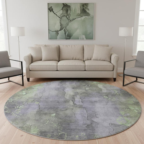 HomeRoots 8' Floral Round Rug in Lavender & Green – Washable, UV-Protected, Stain-Resistant, Non-Slip Design 706322