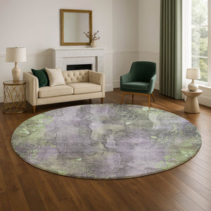 HomeRoots 8' Floral Round Rug in Lavender & Green – Washable, UV-Protected, Stain-Resistant, Non-Slip Design 706322