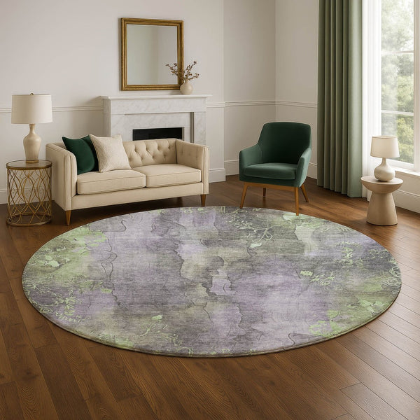 HomeRoots 8' Floral Round Rug in Lavender & Green – Washable, UV-Protected, Stain-Resistant, Non-Slip Design 706322