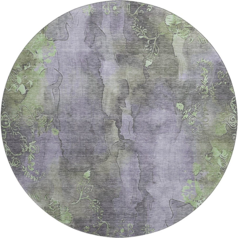 HomeRoots 8' Floral Round Rug in Lavender & Green – Washable, UV-Protected, Stain-Resistant, Non-Slip Design 706322