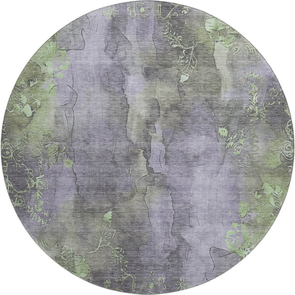 HomeRoots 8' Floral Round Rug in Lavender & Green – Washable, UV-Protected, Stain-Resistant, Non-Slip Design 706322