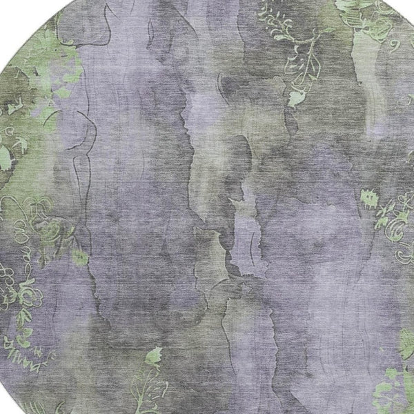 HomeRoots 8' Floral Round Rug in Lavender & Green – Washable, UV-Protected, Stain-Resistant, Non-Slip Design 706322