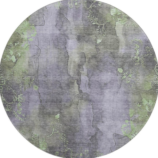 HomeRoots 8' Floral Round Rug in Lavender & Green – Washable, UV-Protected, Stain-Resistant, Non-Slip Design 706322