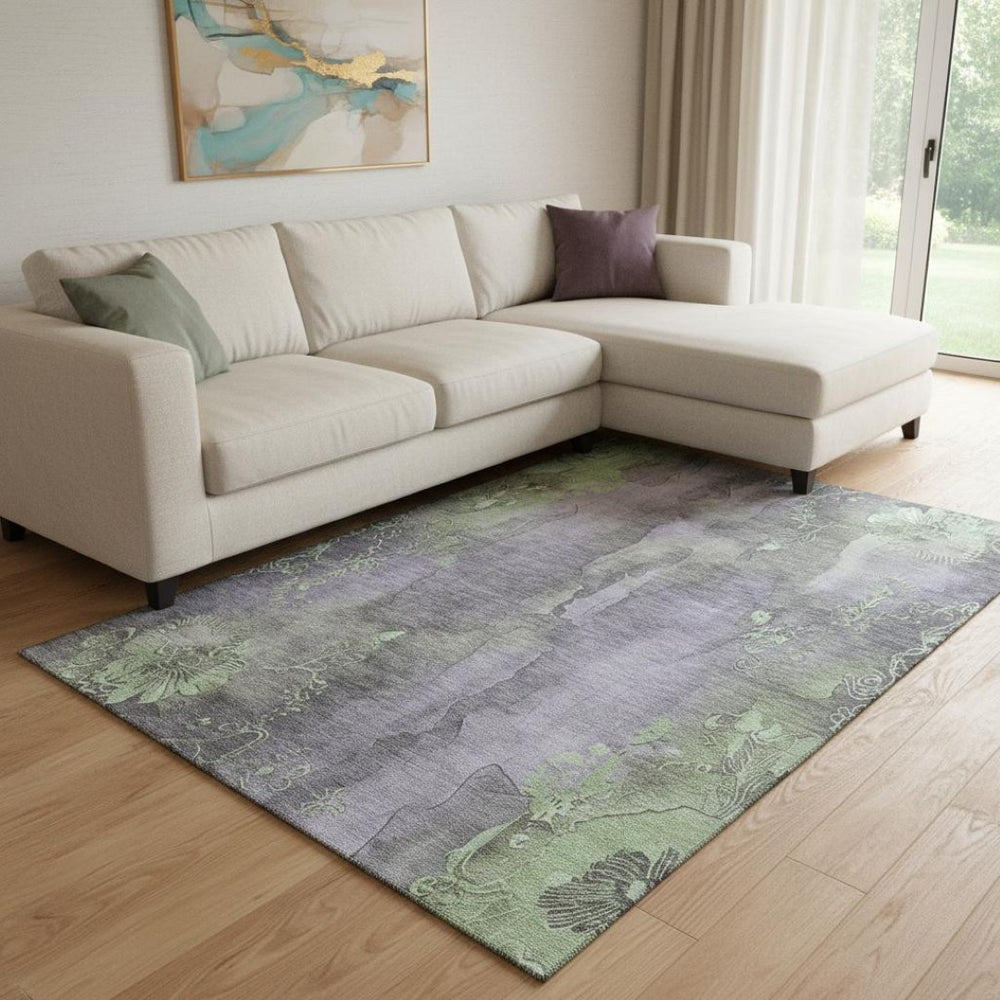 HomeRoots 8' X 10' Floral Area Rug in Lavender and Green - Washable, UV Protected, Stain Resistant, Non-Slip! 706323