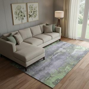 HomeRoots 9' X 12' Stylish Lavender & Green Floral Area Rug - Washable, UV-Protected, Non-Slip for Every Home! 706324