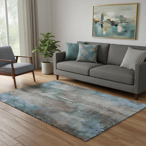 HomeRoots 5' X 8' Elegant Taupe and Blue Floral Area Rug – Washable, UV Protected, Perfect for Family Spaces! 706327