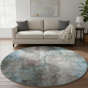 HomeRoots 8' Taupe and Blue Floral Washable Round Rug - Durable, UV-Protected, Stain-Resistant for Family Spaces 706328