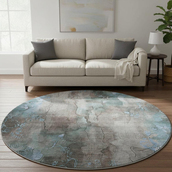 HomeRoots 8' Taupe and Blue Floral Washable Round Rug - Durable, UV-Protected, Stain-Resistant for Family Spaces 706328