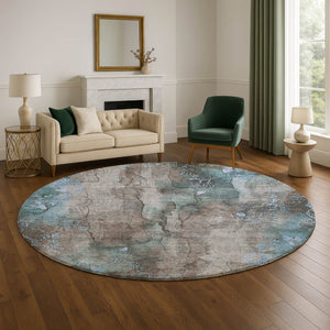 HomeRoots 8' Taupe and Blue Floral Washable Round Rug - Durable, UV-Protected, Stain-Resistant for Family Spaces 706328