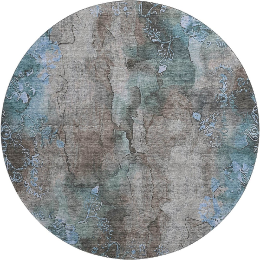 HomeRoots 8' Taupe and Blue Floral Washable Round Rug - Durable, UV-Protected, Stain-Resistant for Family Spaces 706328