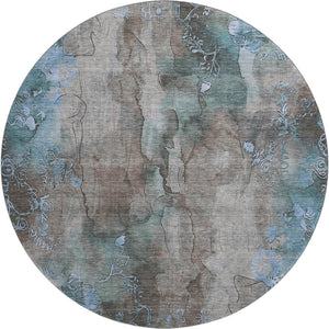 HomeRoots 8' Taupe and Blue Floral Washable Round Rug - Durable, UV-Protected, Stain-Resistant for Family Spaces 706328