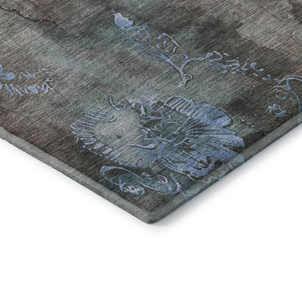 HomeRoots 8' Taupe and Blue Floral Washable Round Rug - Durable, UV-Protected, Stain-Resistant for Family Spaces 706328