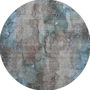 HomeRoots 8' Taupe and Blue Floral Washable Round Rug - Durable, UV-Protected, Stain-Resistant for Family Spaces 706328