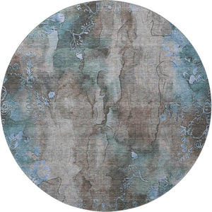 HomeRoots 8' Taupe and Blue Floral Washable Round Rug - Durable, UV-Protected, Stain-Resistant for Family Spaces 706328