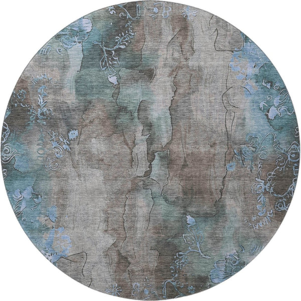 HomeRoots 8' Taupe and Blue Floral Washable Round Rug - Durable, UV-Protected, Stain-Resistant for Family Spaces 706328