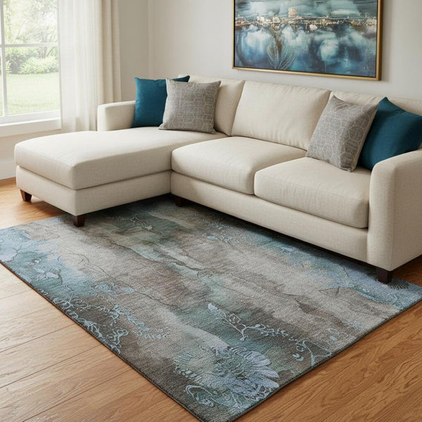 HomeRoots 8' X 10' Taupe and Blue Floral Area Rug - Washable, Stain-Resistant, UV Protected for High Traffic Homes 706329