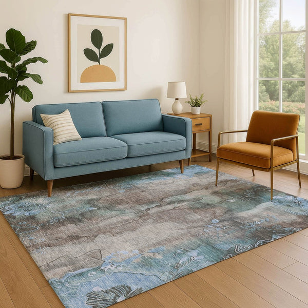 HomeRoots 8' X 10' Taupe and Blue Floral Area Rug - Washable, Stain-Resistant, UV Protected for High Traffic Homes 706329