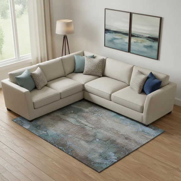 HomeRoots 9' X 12' Washable Area Rug - Taupe & Blue Floral Design with UV Protection for High-Traffic Spaces 706330