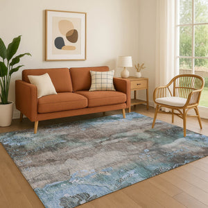 HomeRoots 9' X 12' Washable Area Rug - Taupe & Blue Floral Design with UV Protection for High-Traffic Spaces 706330