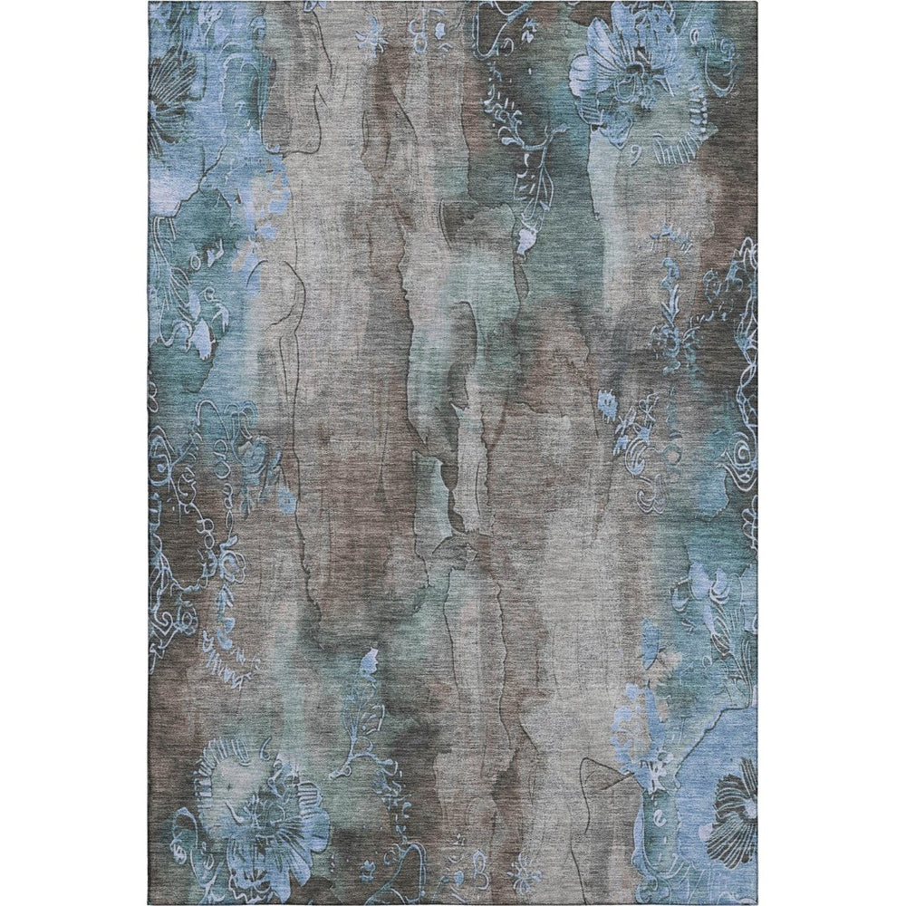 HomeRoots 9' X 12' Washable Area Rug - Taupe & Blue Floral Design with UV Protection for High-Traffic Spaces 706330