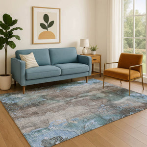HomeRoots 9' X 12' Washable Area Rug - Taupe & Blue Floral Design with UV Protection for High-Traffic Spaces 706330