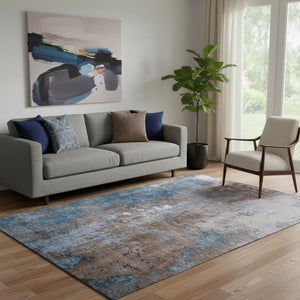 HomeRoots 5' X 8' Abstract Washable Area Rug in Brown & Blue - Stain Resistant, UV Protected, Modern Design! 706333