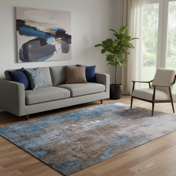 HomeRoots 5' X 8' Abstract Washable Area Rug in Brown & Blue - Stain Resistant, UV Protected, Modern Design! 706333
