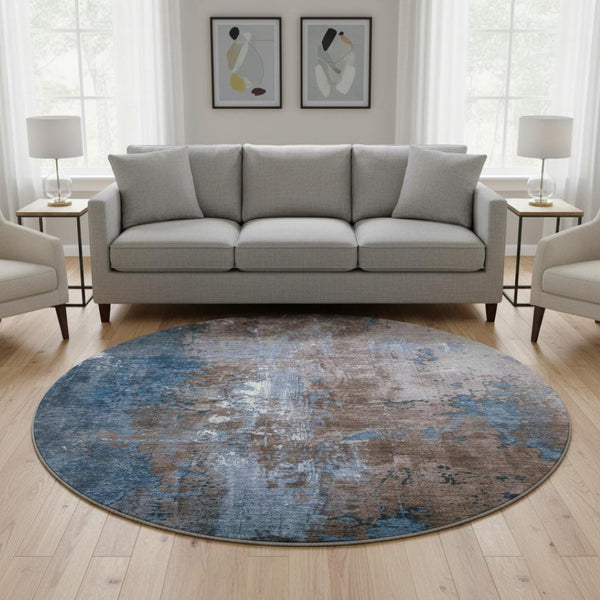 HomeRoots 8' Brown and Blue Abstract Washable Round Rug – Durable, Stylish, UV-Protected for High Traffic Areas 706334